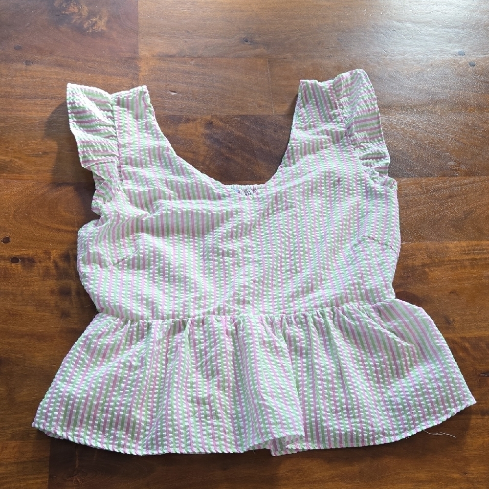 Draper James Pink And Green Striped Seersucker Peplum Ruffle Sleeve Top Large